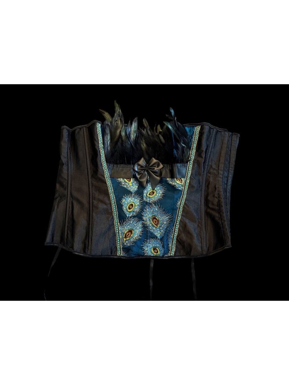 Black Teal Peacock Feather Corset  Boning Bow Costume XXL Festival Whimsigoth